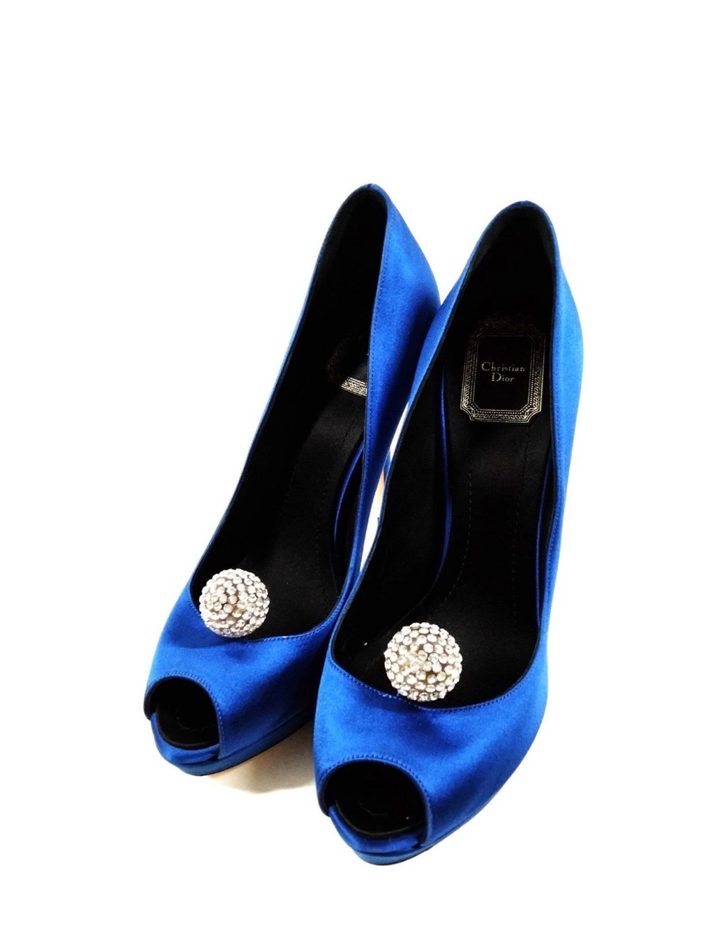 Dior Cobalt Blue Satin Peep-Toe Pumps with Crystal Brooch 37.5